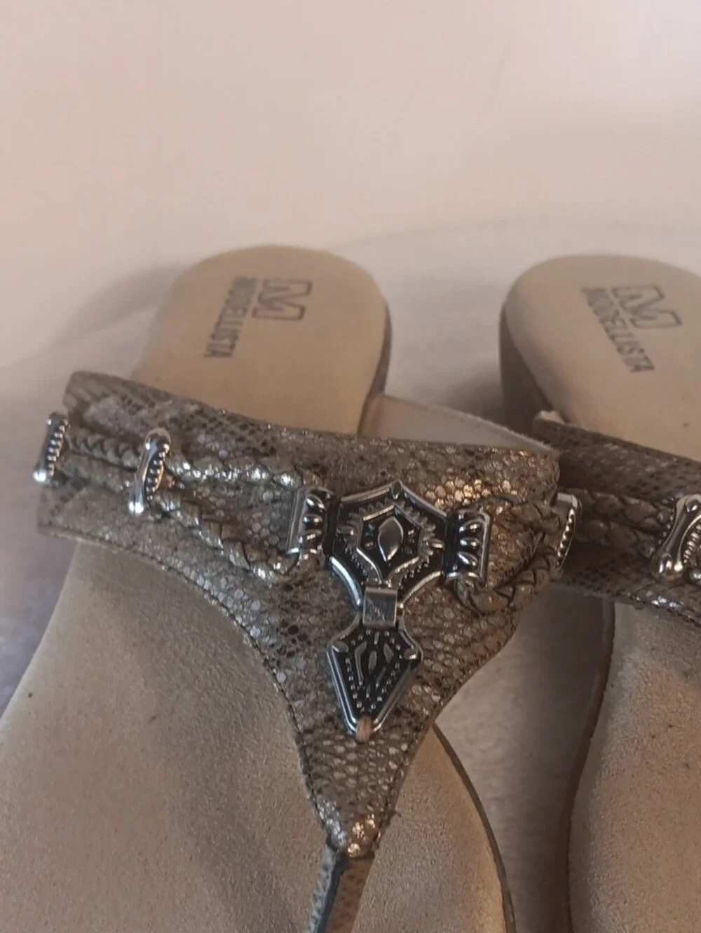 Metallic Braided Thong Sandals with Decorative Snake Print Accents - Silver